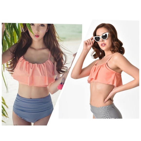 Swim Suit Peach Ruffle w/BlkWht Stripe High Waist - Picture 3 of 3